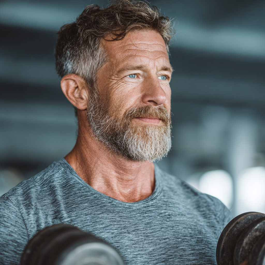 Confident mature man in his 50s doing strength training with dumbbells in modern gym environment, showing determination and focus