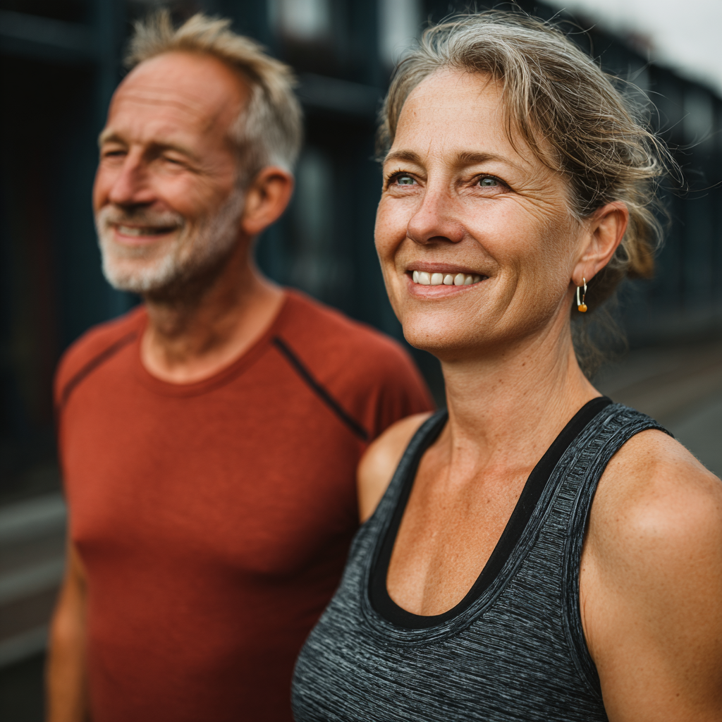 Happy mature couple in their late 40s exercising together outdoors, smiling and showing positive energy during their fitness routine